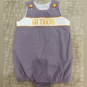 The Smocking Place- LSU Purple and white Gingham bubble W/ Go Tigers  smocking